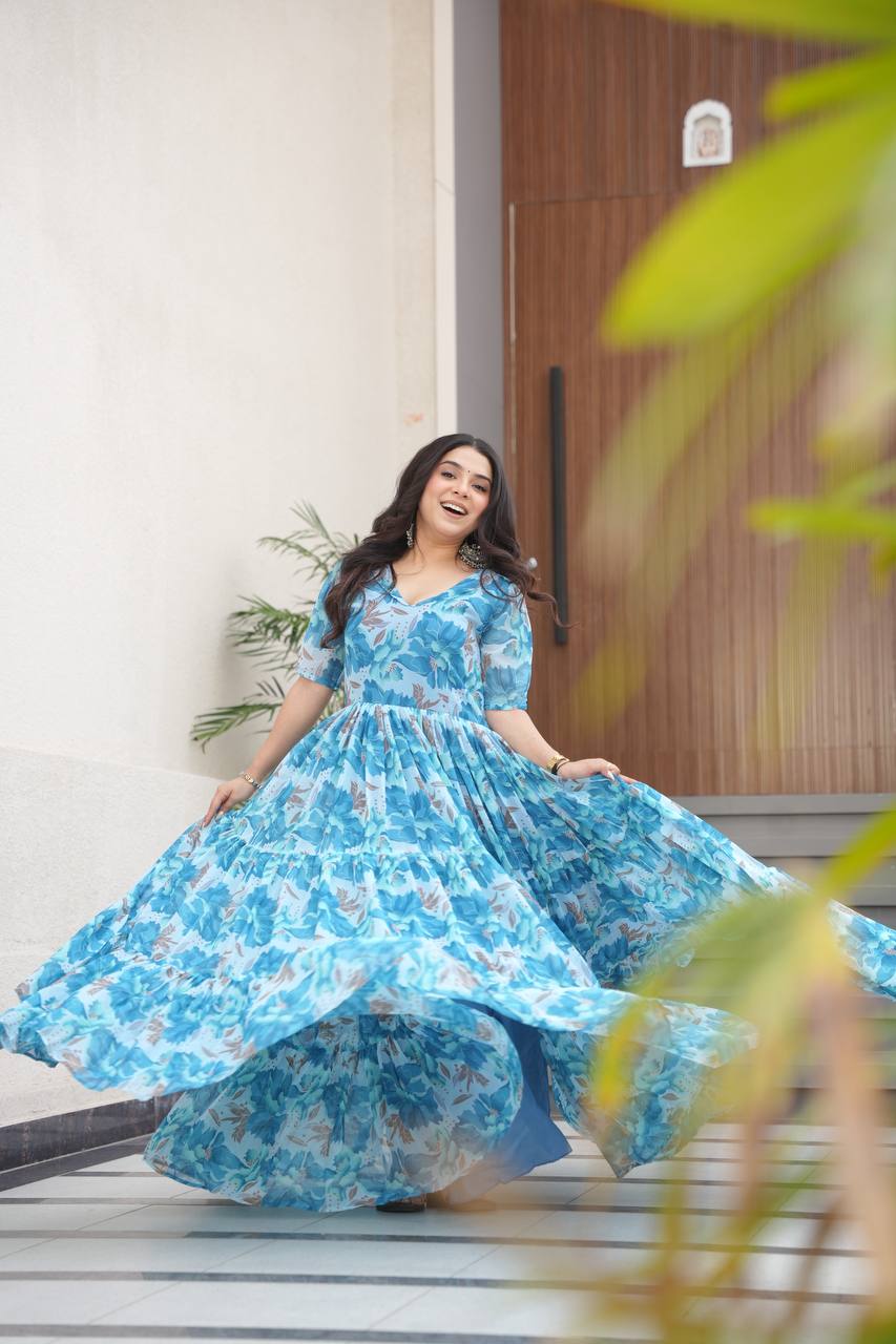 Elegant Faux Georgette Printed Readymade Gown for Women – Available in Lavender, Pink & Sky Blue