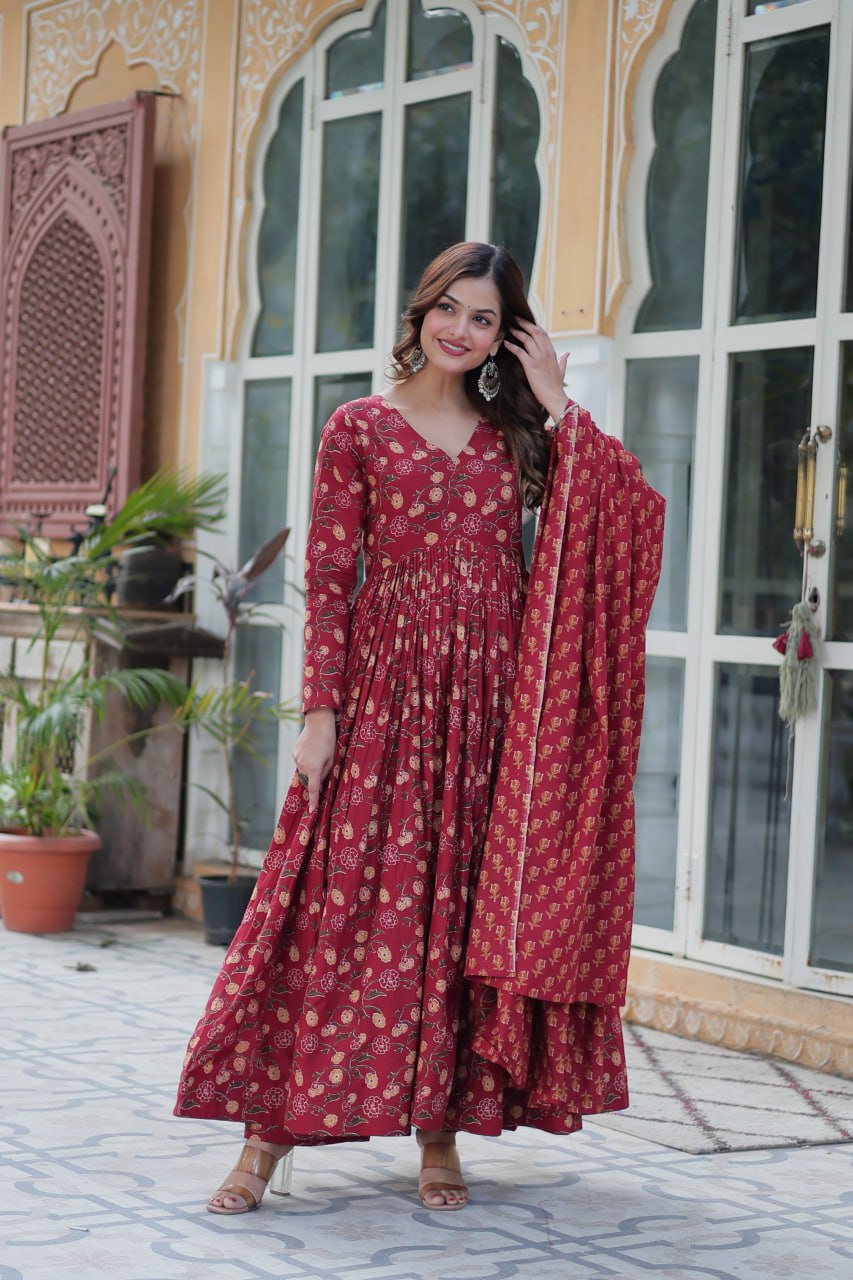 Pure Cotton Readymade Gown Set with Dupatta & Bottom – Full Sleeve, V Neck