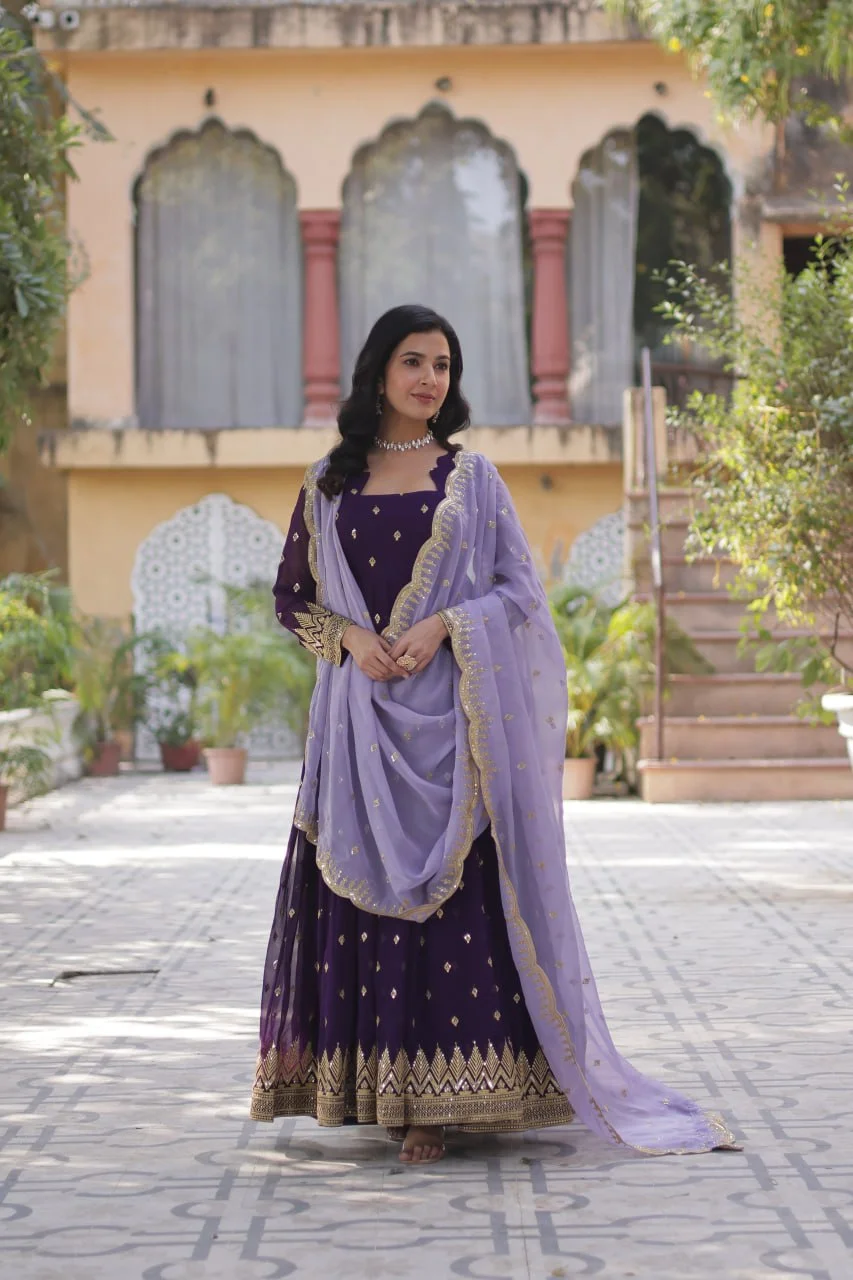 Designer Gown & Dupatta Set – Premium Fabric Fusion with Elegant Color Contrasts