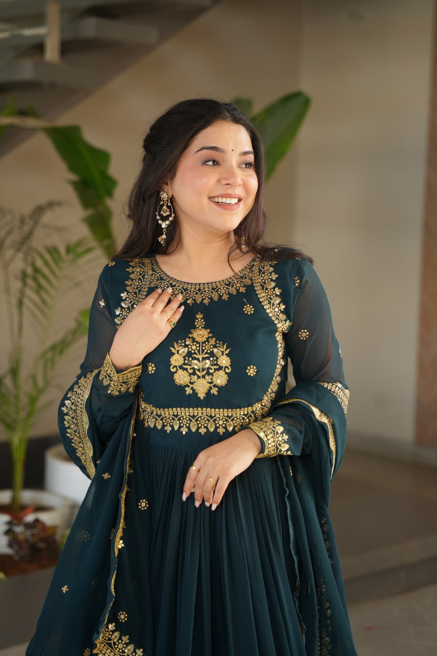 Designer Embroidered Readymade Gown with Dupatta – Faux Blooming Georgette-15562
