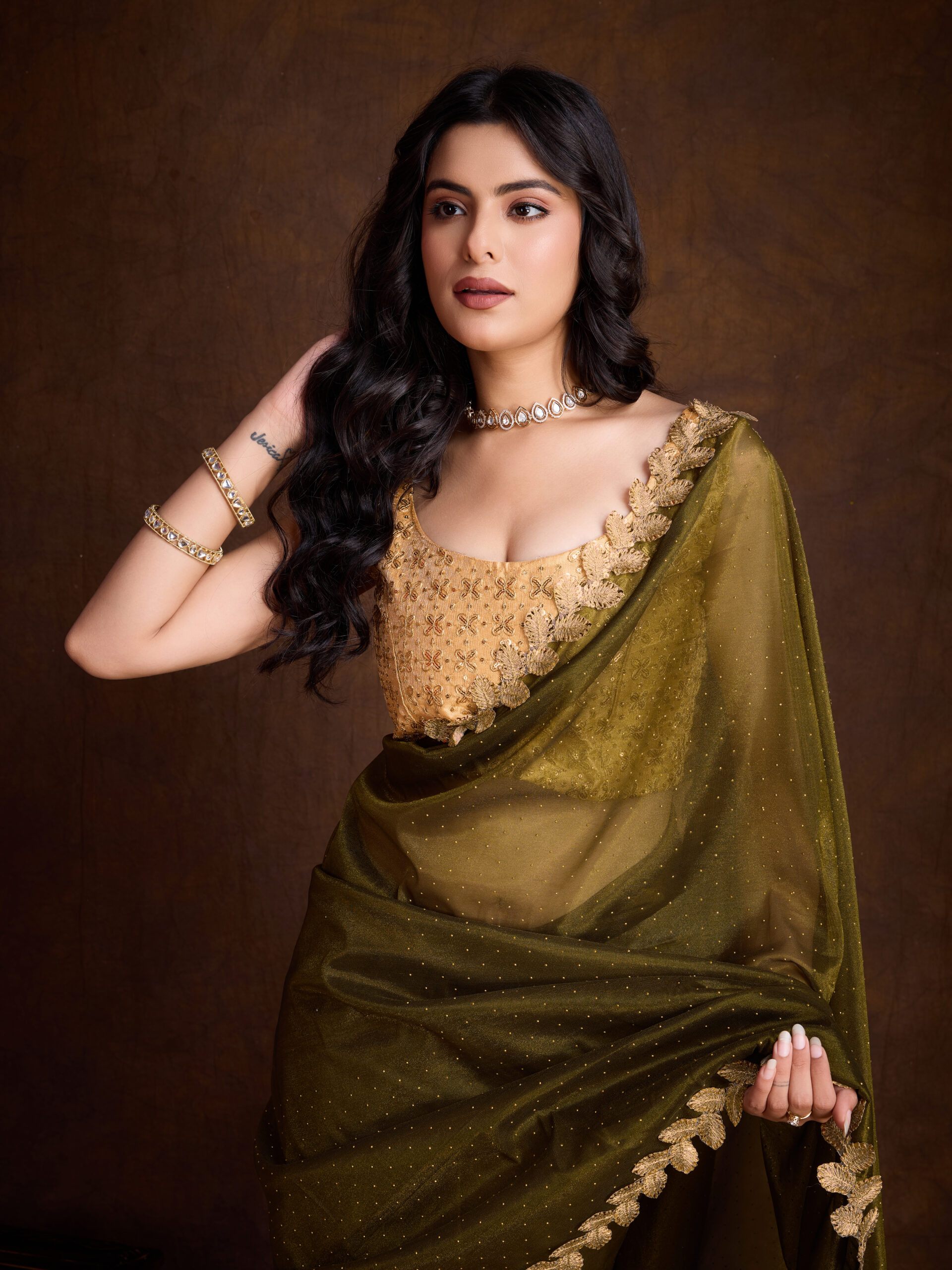 Gold Infused Twill Designer Saree with Attractive Cutwork & Swarovski  15587