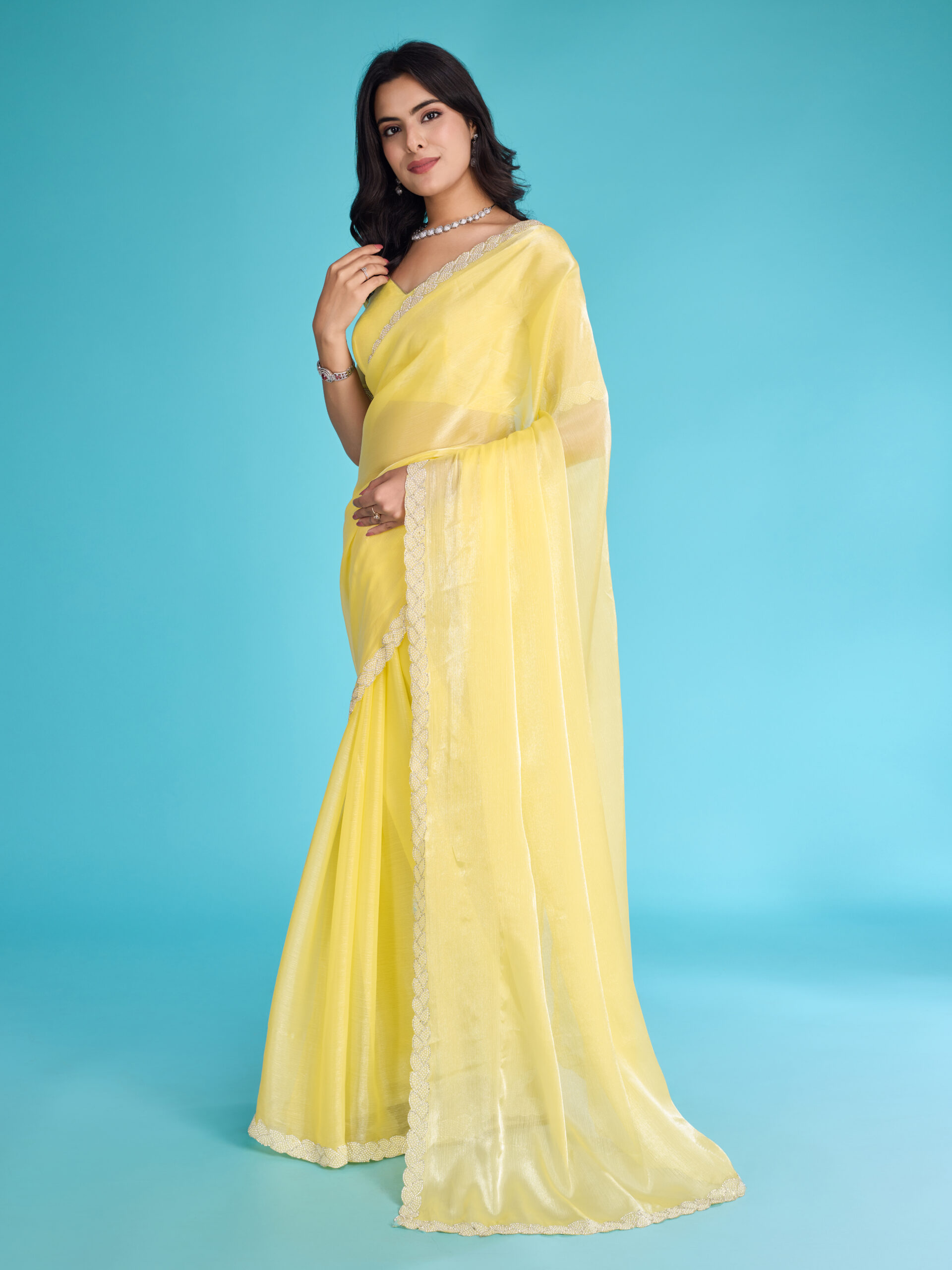 Elegant Tissue Burberry Saree with Zarkan & Ceramic Pearl Diamond Lace 15588